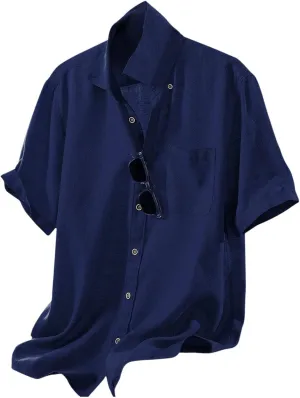 Linen Shirts for Men Trendy Button Down Short Sleeve Summer Beach Wedding Shirt Lightweight Quick Dry Chambray Blouses