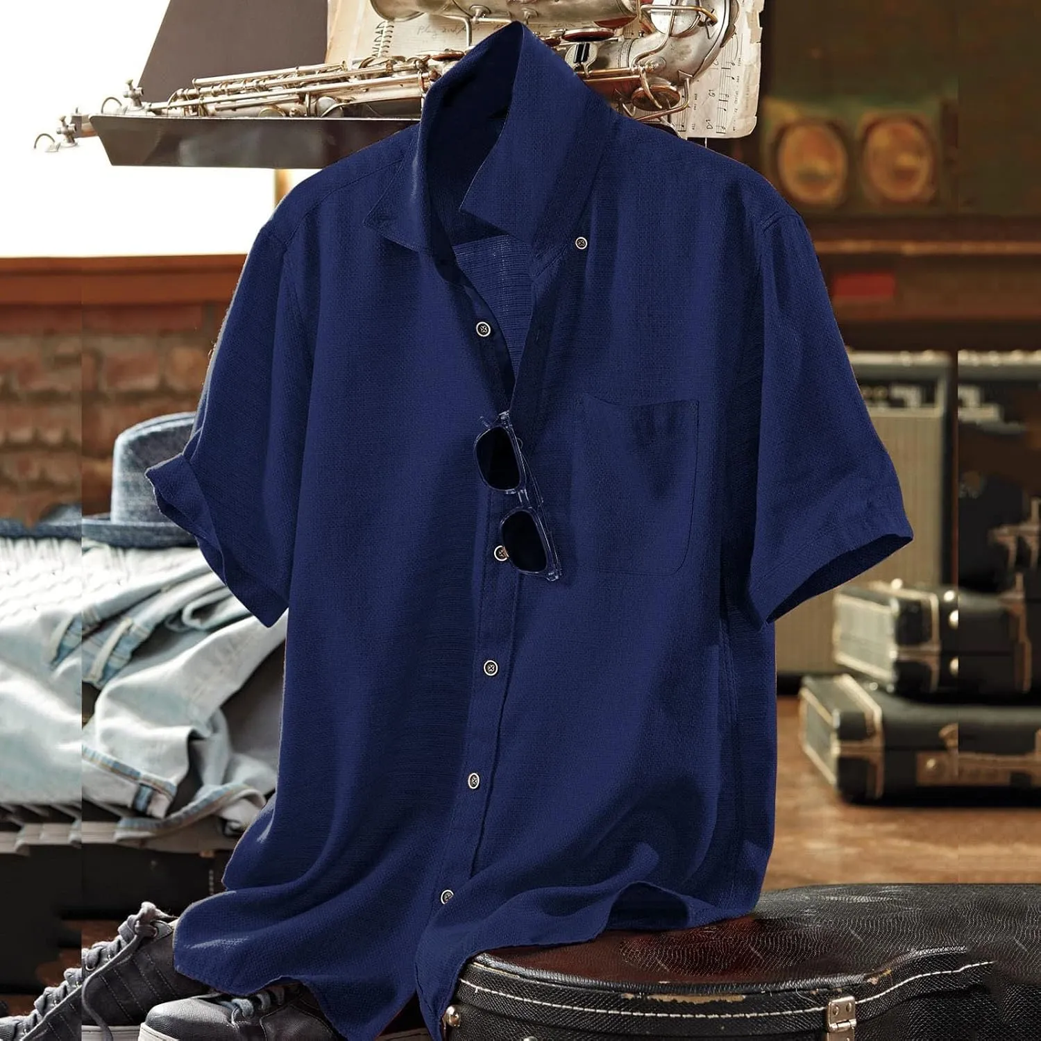 Linen Shirts for Men Trendy Button Down Short Sleeve Summer Beach Wedding Shirt Lightweight Quick Dry Chambray Blouses