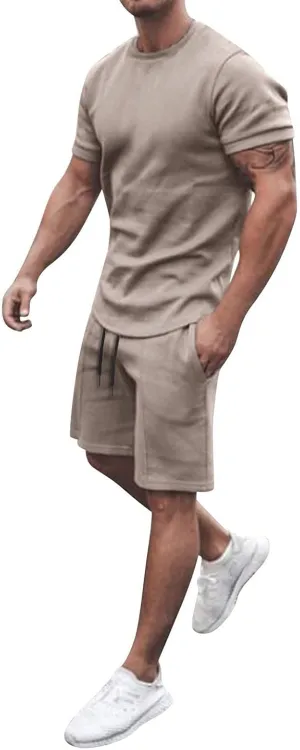 Men 2 Piece Outfits Summer Casual Crew Neck Muscle Short Sleeve Tee Shirts and Classic Fit Sport Shorts Set Tracksuit