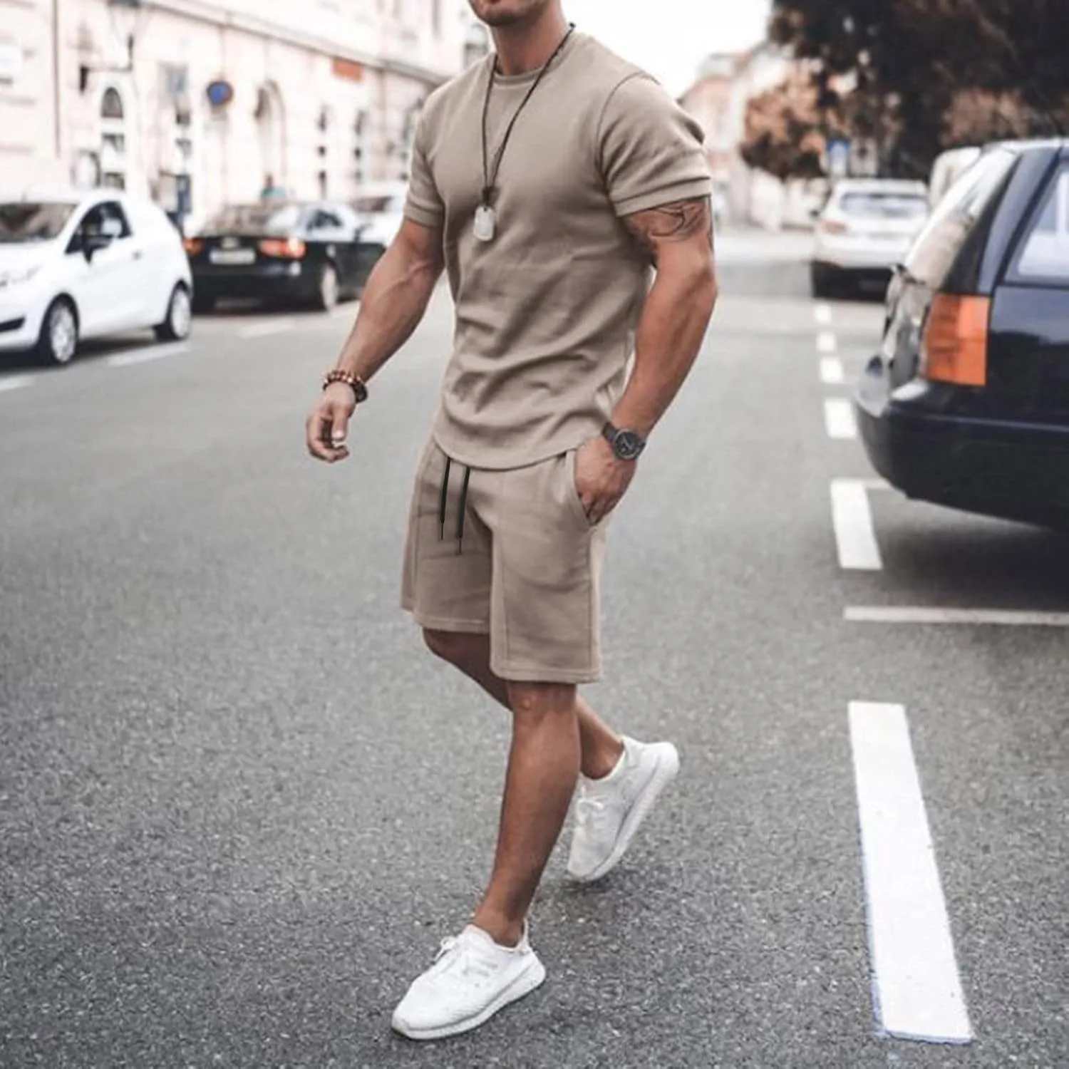 Men 2 Piece Outfits Summer Casual Crew Neck Muscle Short Sleeve Tee Shirts and Classic Fit Sport Shorts Set Tracksuit