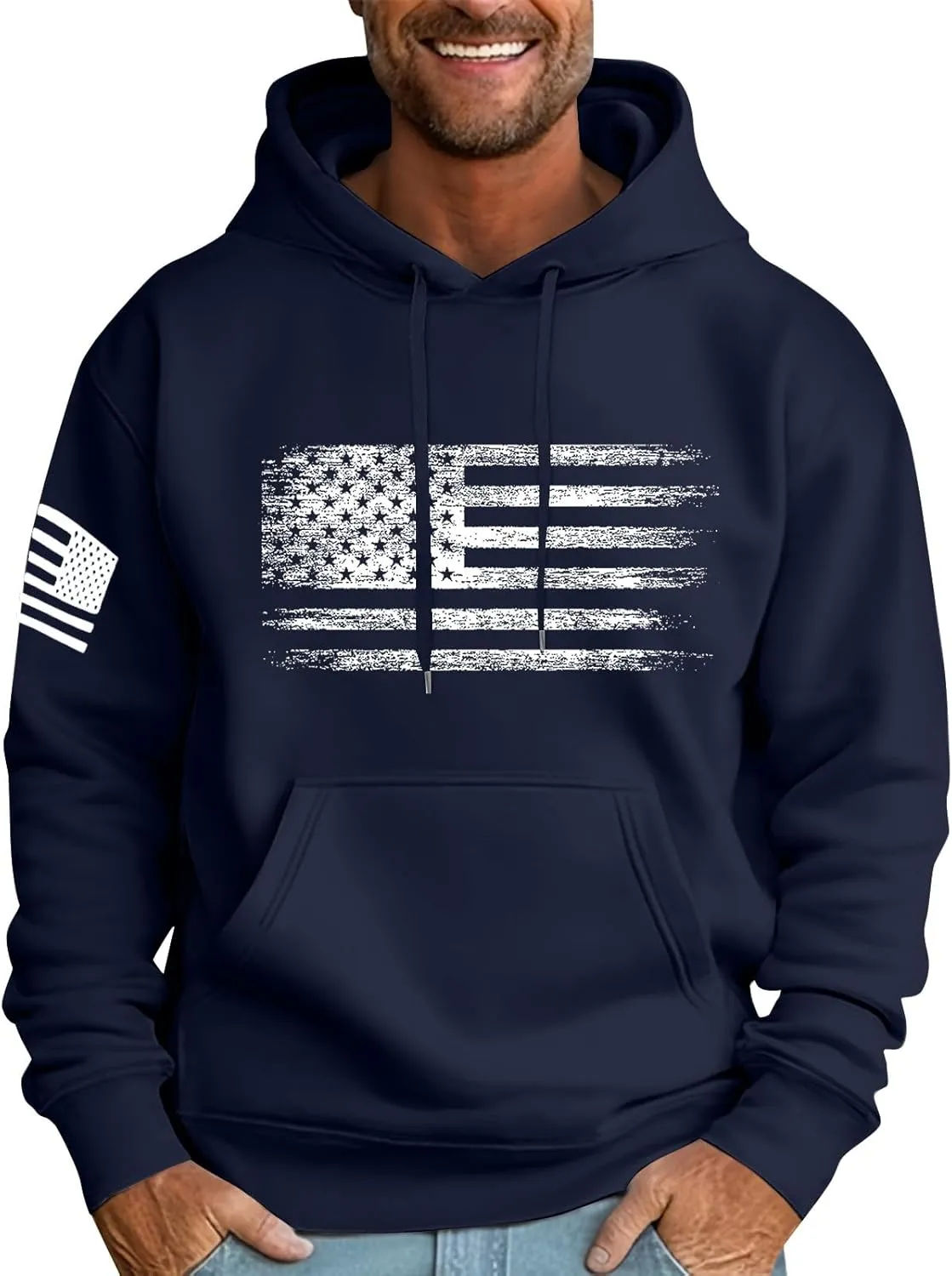 Men Big and Tall Hoodie Long Sleeve USA Flag Graphic Printed Patriotic Hooded Sweatshirt with Pocket