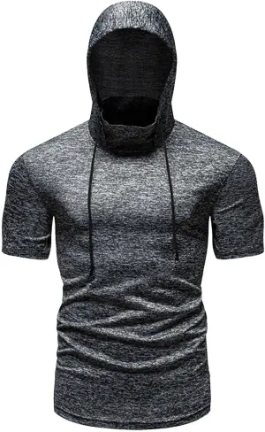 Men Hooded T Shirts Summer Casual Short Sleeve Performance Hoodie with Face Mask Hooded Tops Workout Athletic Shirts
