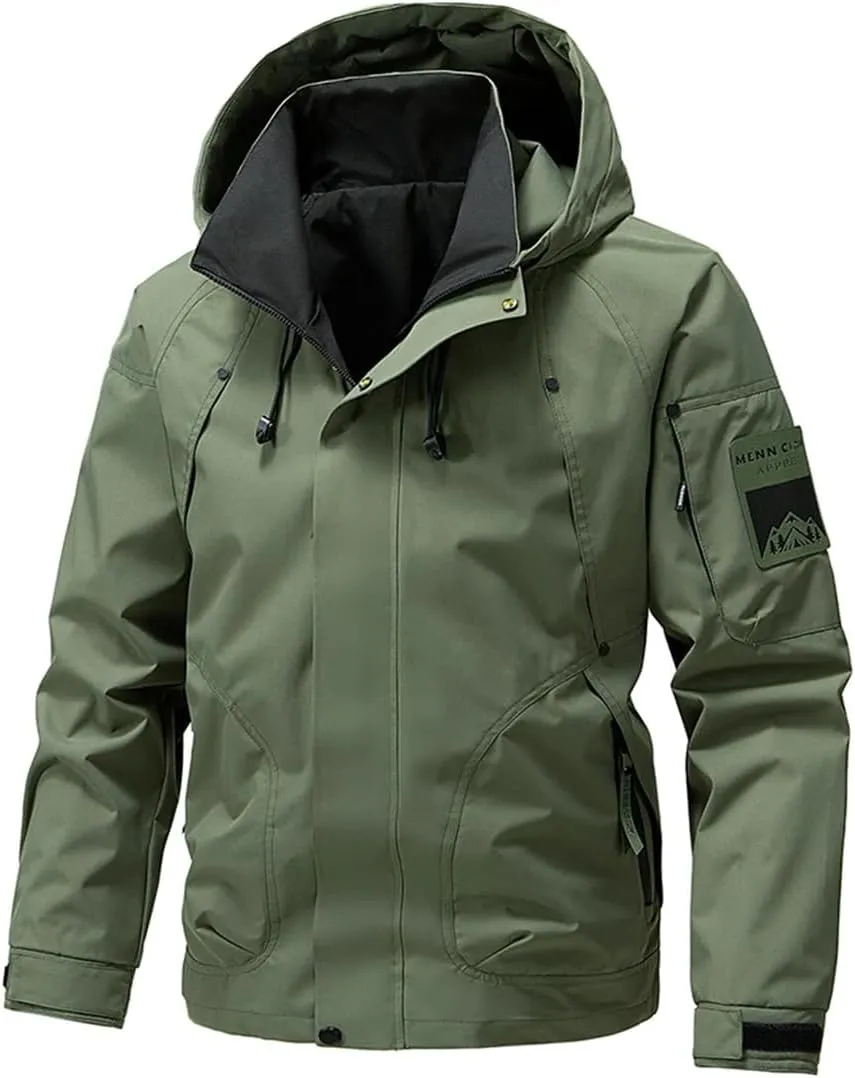 Men Outdoor Softshell Zip Up Hooded Jacket Windbreaker Hiking Camping Coats Lightweight Coats