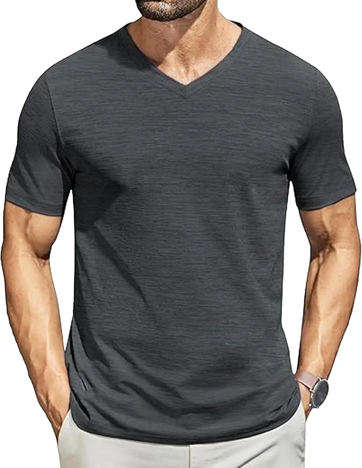 Men Short Sleeve Classic V-Neck T-Shirt Solid Breathable Casual Daily Tee Tops Summer Basic Slim Fit Pullover Shirt