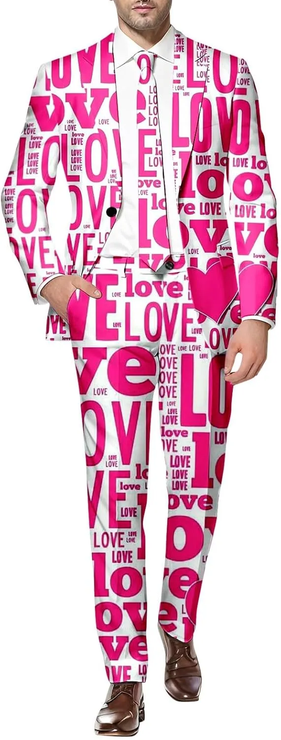 Men Suit Casual Two- Suit Love Printed Coat Jacket Pants Suit Comfortable Soft Vest Pant Two- Sets Suit for Men Slim