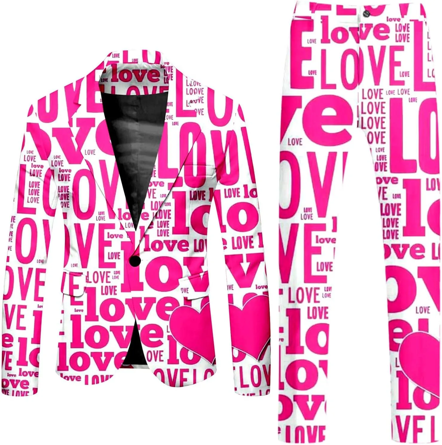 Men Suit Casual Two- Suit Love Printed Coat Jacket Pants Suit Comfortable Soft Vest Pant Two- Sets Suit for Men Slim