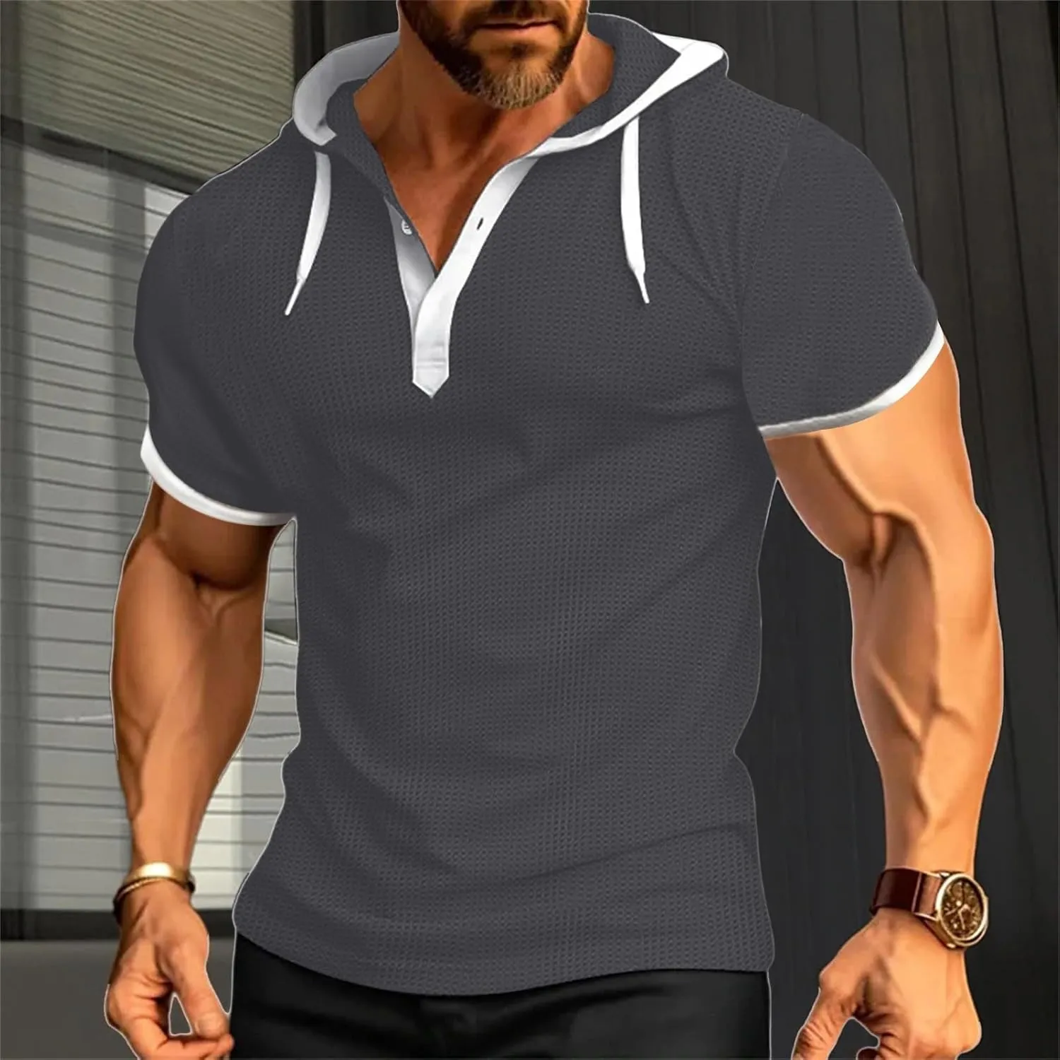 Men Waffle Hooded Tank Tops Bodybuilding Gym Sleeveless Workout Shirts Trendy Athletic Lounge Training Running Shirt