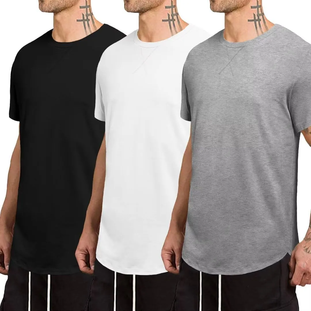 Mens 3 Pack Crewneck T-Shirts Short Sleeve Hipster Hip Hop Longline Classic Tee Tops