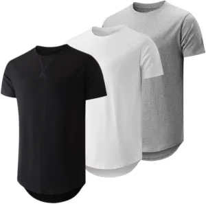Mens 3 Pack Crewneck T-Shirts Short Sleeve Hipster Hip Hop Longline Classic Tee Tops