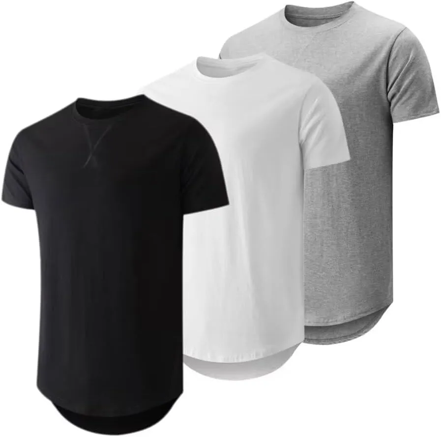 Mens 3 Pack Crewneck T-Shirts Short Sleeve Hipster Hip Hop Longline Classic Tee Tops