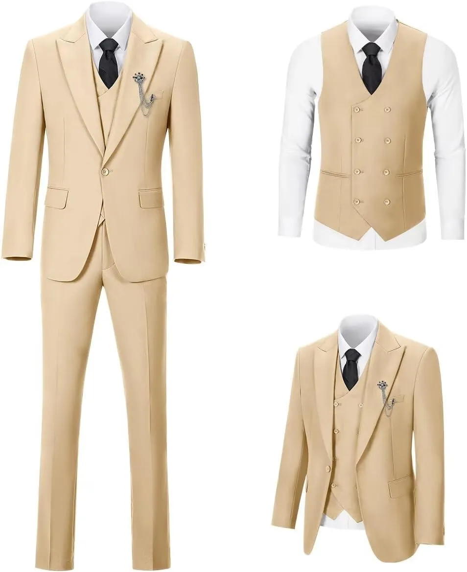 Men's 3 Piece Suit Slim Fit Classic One Button Suit for Men Groomsmen Business Prom Double Breasted Vest Blazer Tuxedo