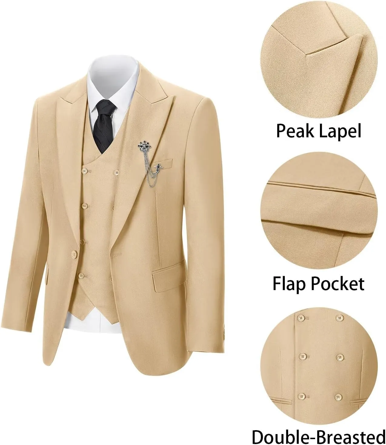 Men's 3 Piece Suit Slim Fit Classic One Button Suit for Men Groomsmen Business Prom Double Breasted Vest Blazer Tuxedo
