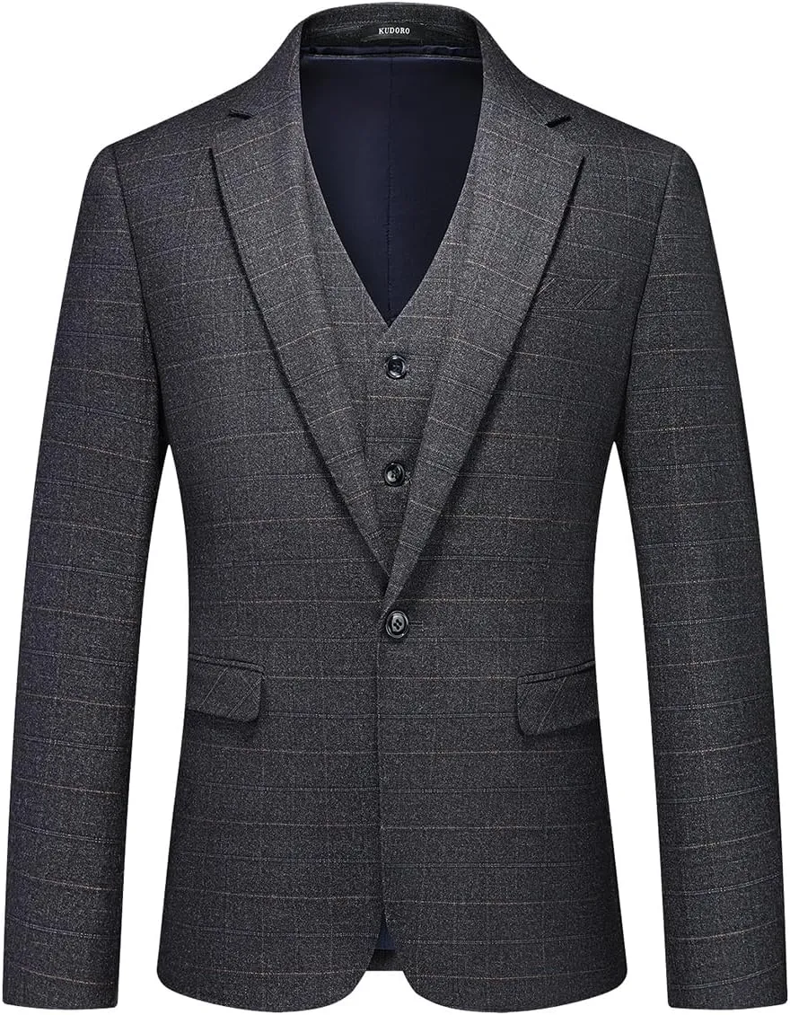 Mens 3 Piece Suits Slim Fit Tweed Suit Plaid Slim Fit Suits for Men One Button Suit Tuxedo Set