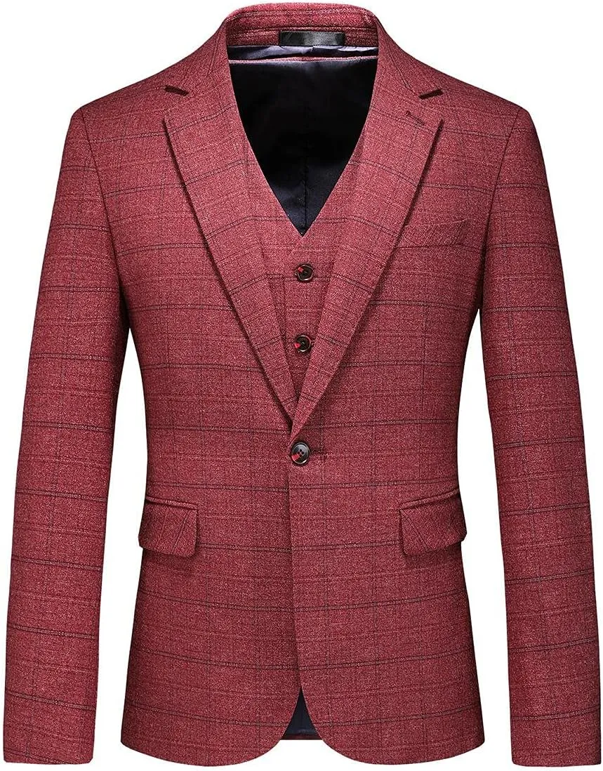 Mens 3 Piece Suits Slim Fit Tweed Suit Plaid Slim Fit Suits for Men One Button Suit Tuxedo Set