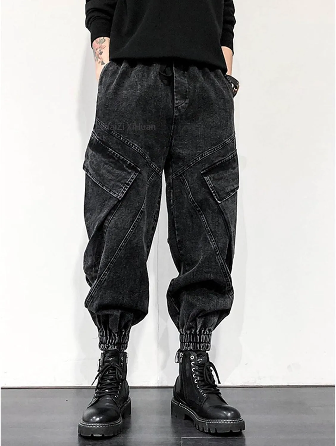 Men's Black Jeans Japanese Street Fashion Pants Vintage Casual Pants Multi Pocket Harem Cargo Pants Rave Pants