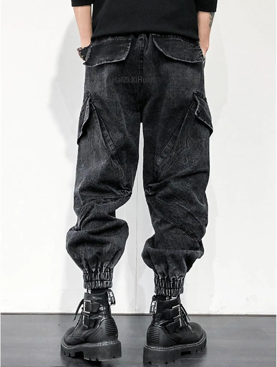Men's Black Jeans Japanese Street Fashion Pants Vintage Casual Pants Multi Pocket Harem Cargo Pants Rave Pants