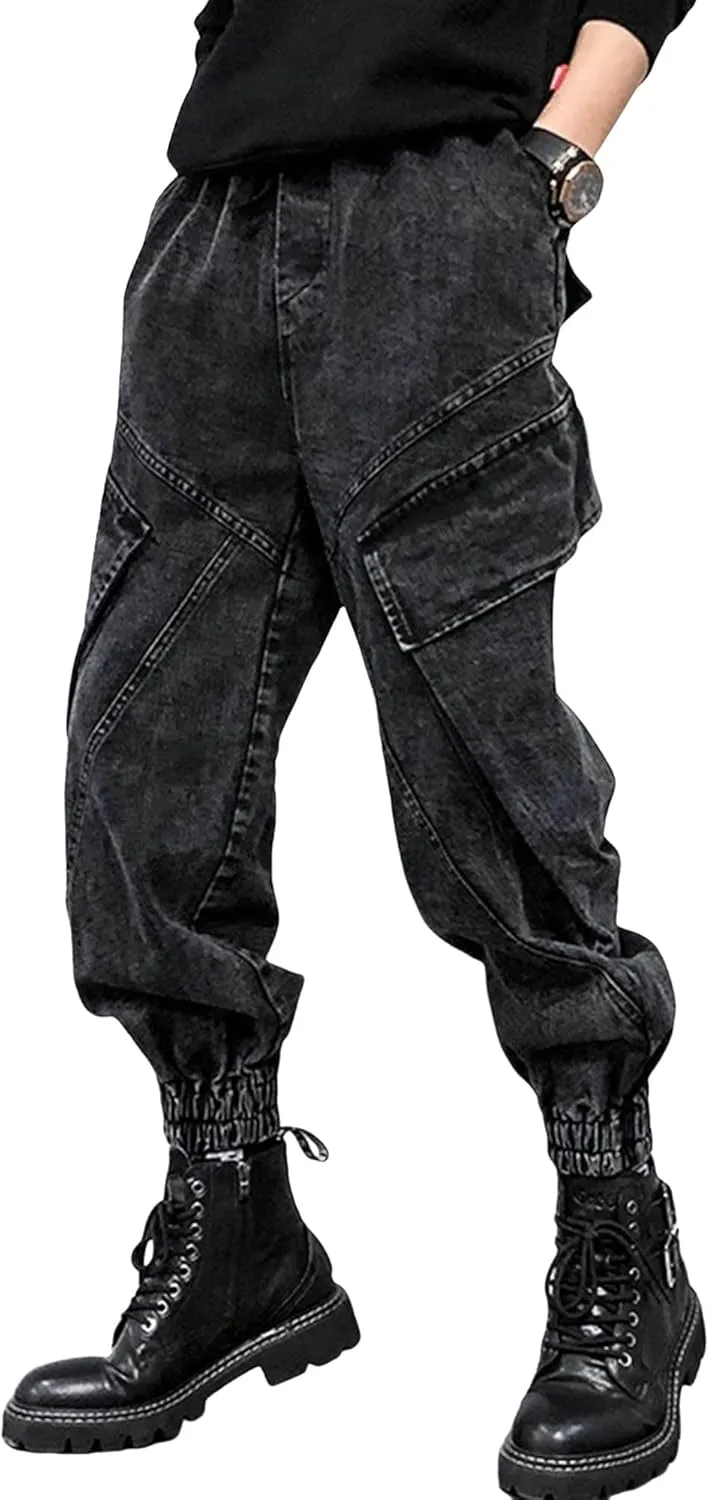 Men's Black Jeans Japanese Street Fashion Pants Vintage Casual Pants Multi Pocket Harem Cargo Pants Rave Pants