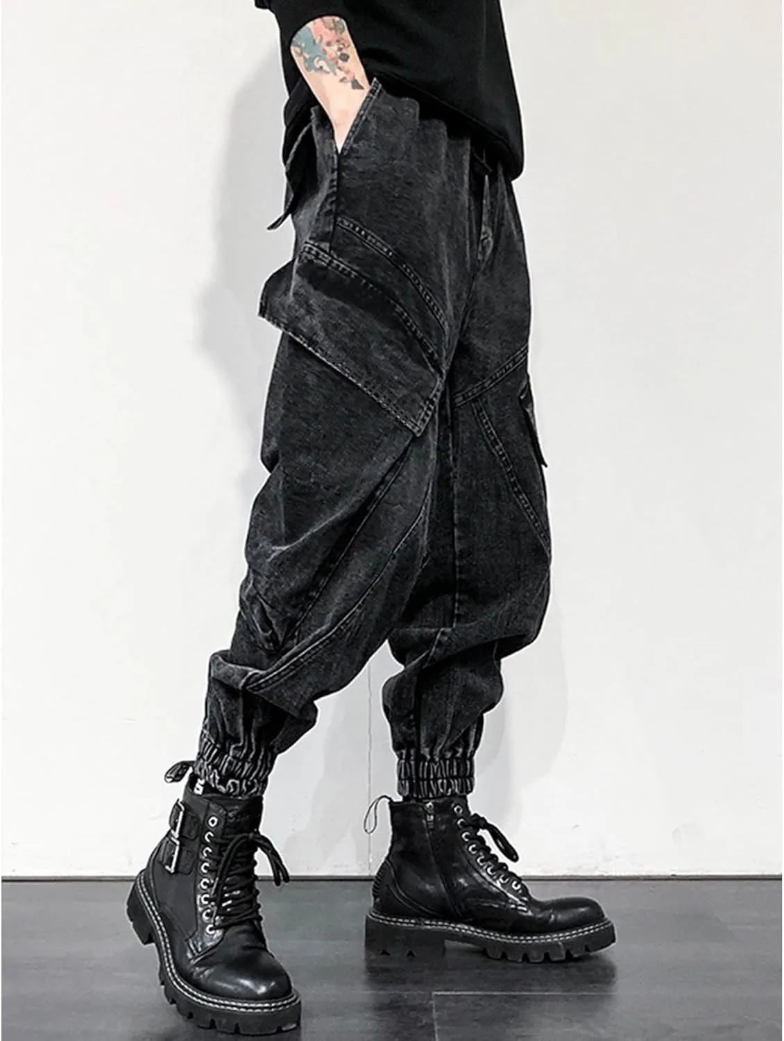 Men's Black Jeans Japanese Street Fashion Pants Vintage Casual Pants Multi Pocket Harem Cargo Pants Rave Pants