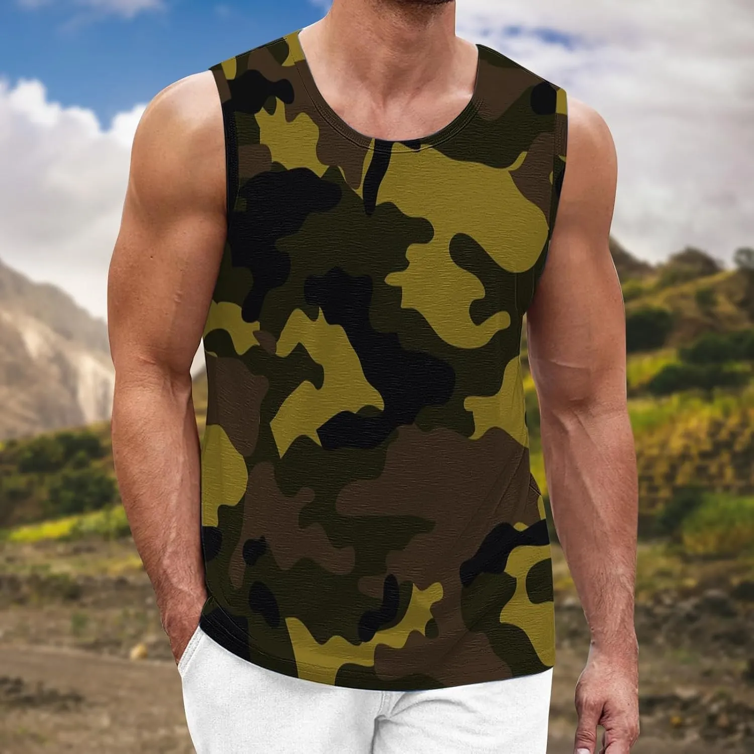 Men's Camo Print Tank Tops Big and Tall Camouflage Wild Sleeveless Vests Drying Athletic Sports Workout Muscle Shirts
