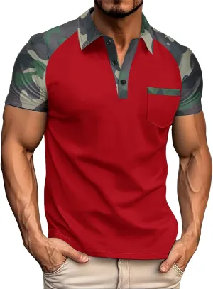 Men's Camo Raglan T-Shirts Summer Slim Muscle Fit Short Sleeve Tactical Shirts Athletic Quick Dry Collared Golf Shirt