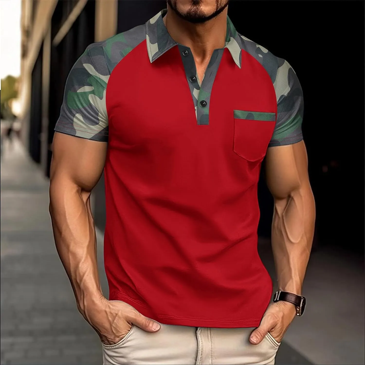 Men's Camo Raglan T-Shirts Summer Slim Muscle Fit Short Sleeve Tactical Shirts Athletic Quick Dry Collared Golf Shirt