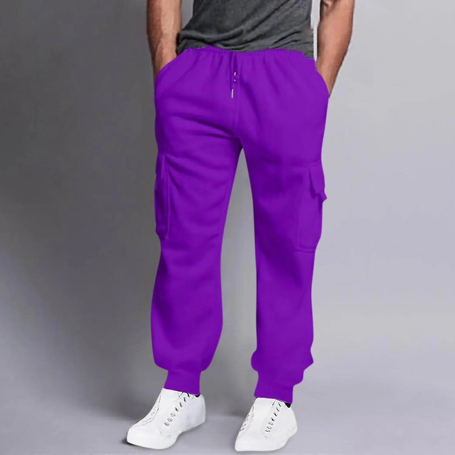 Mens Cargo Pants Relaxed Fit Street Fashion Leisure Loose Sports Running Solid Color Lace Up Pants Gray Sweatpants