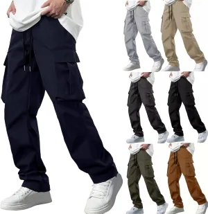 Mens Cargo Pants Work Loose Casual Leggings Solid Casual Streetwear Drawstring Elastic Waist Trousers Pockets