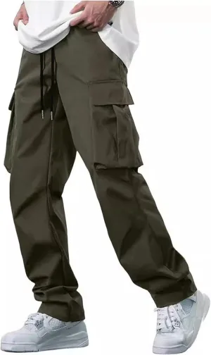 Mens Cargo Pants Work Loose Casual Leggings Solid Casual Streetwear Drawstring Elastic Waist Trousers Pockets