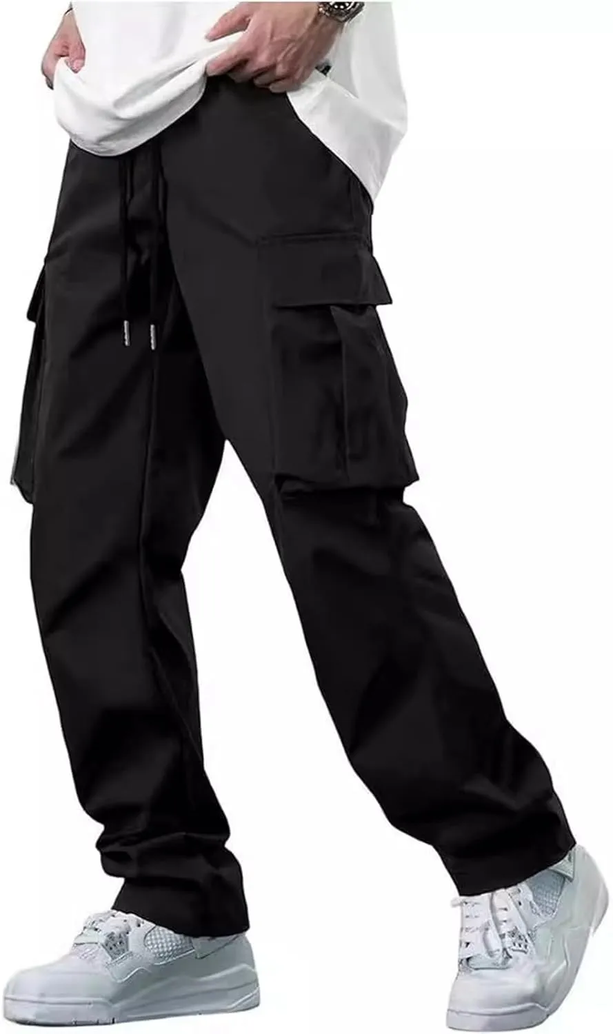 Mens Cargo Pants Work Loose Casual Leggings Solid Casual Streetwear Drawstring Elastic Waist Trousers Pockets
