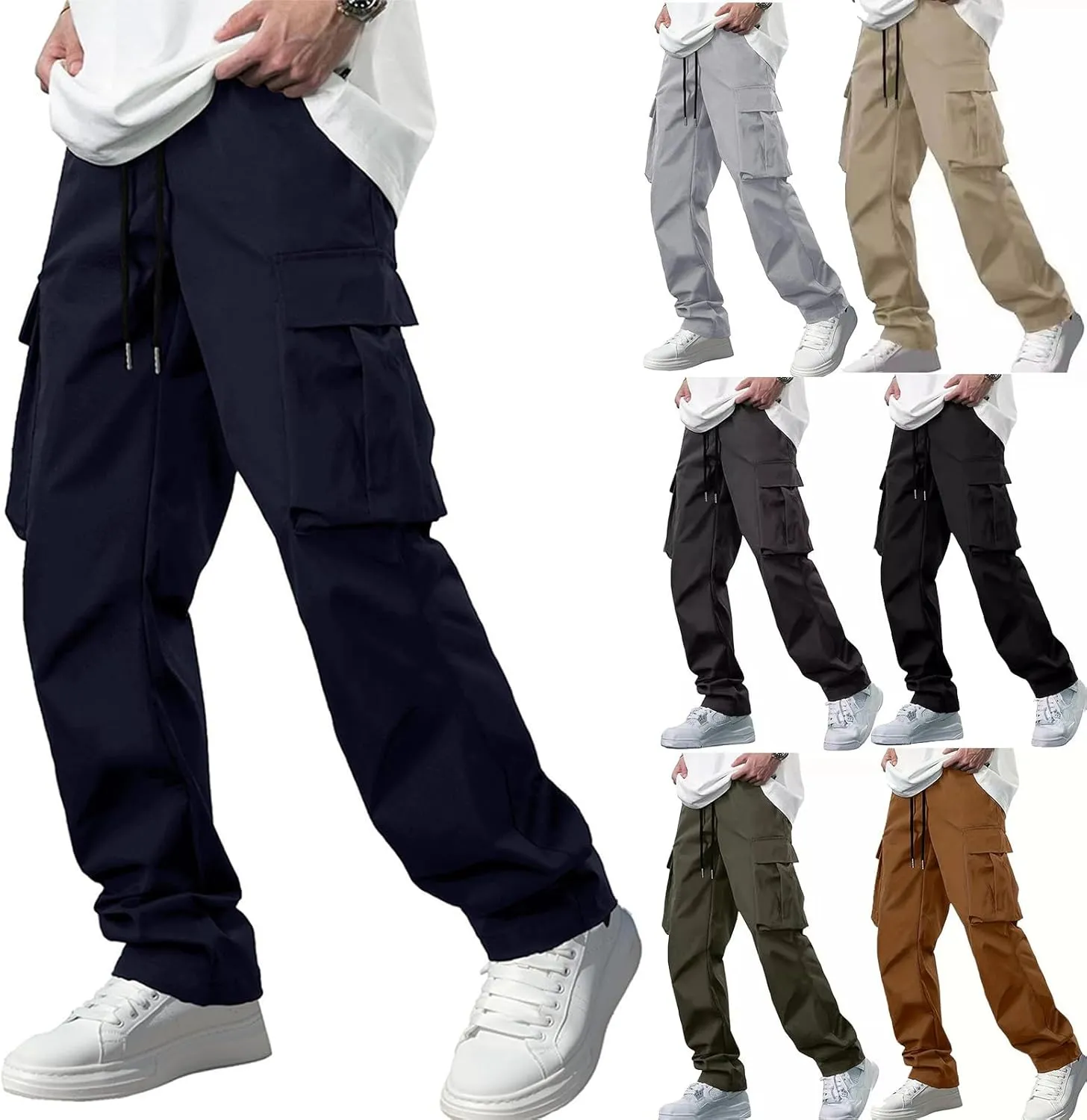 Mens Cargo Pants Work Loose Casual Leggings Solid Casual Streetwear Drawstring Elastic Waist Trousers Pockets