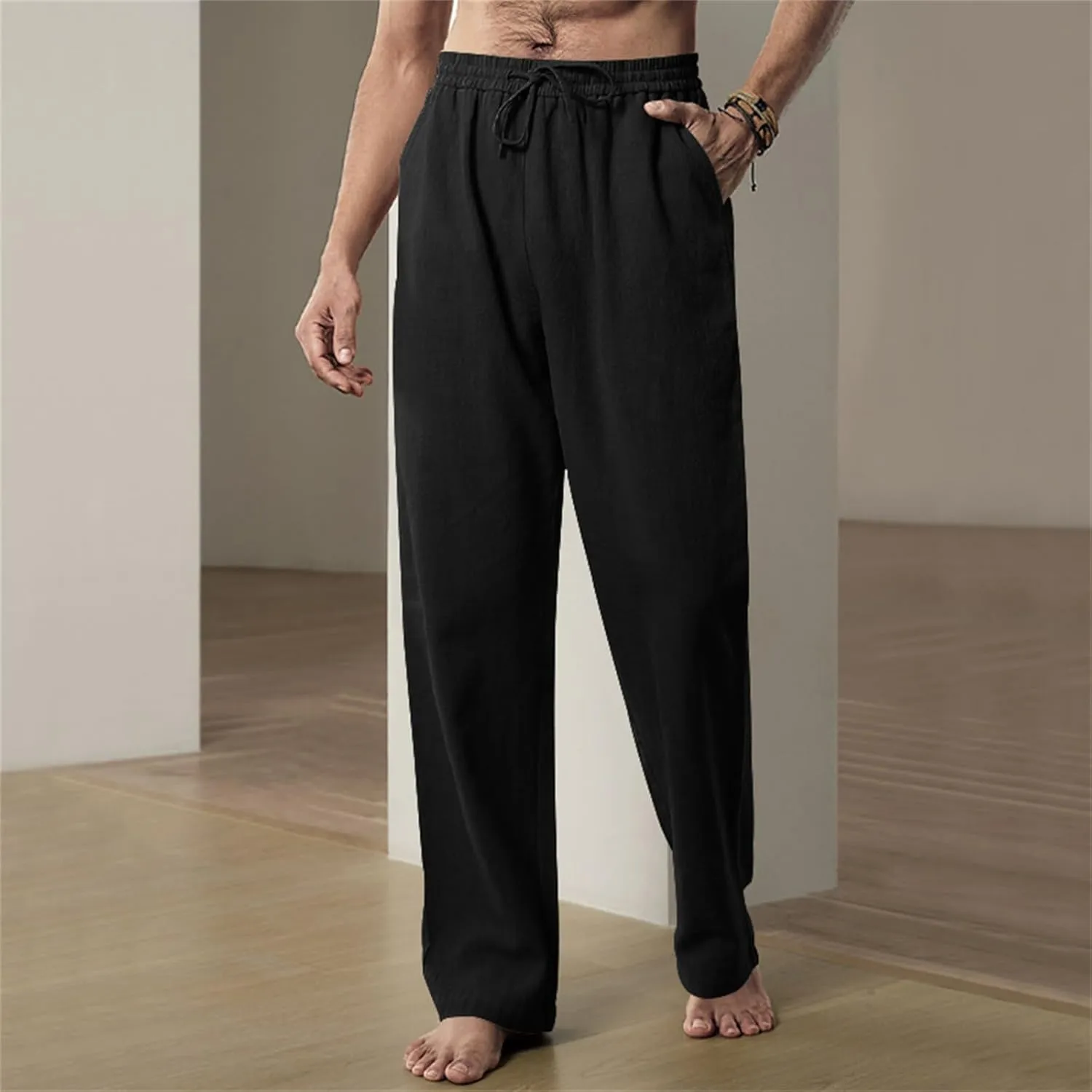Men's Casual Linen Pants Elastic Waist Drawstring Yoga Beach Pants Casual Lightweight Loose Fit Trousers Baggy Pants