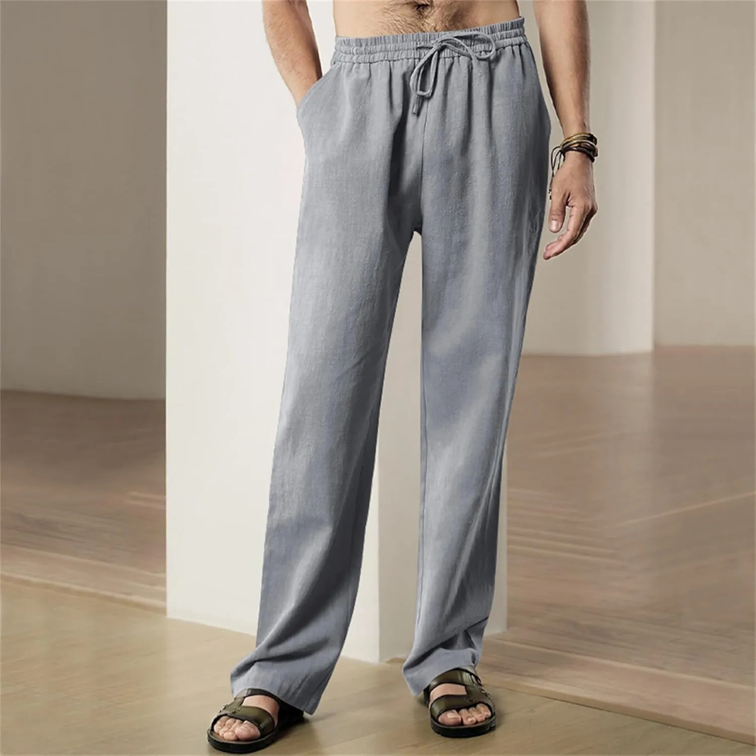 Men's Casual Linen Pants Elastic Waist Drawstring Yoga Beach Pants Casual Lightweight Loose Fit Trousers Baggy Pants
