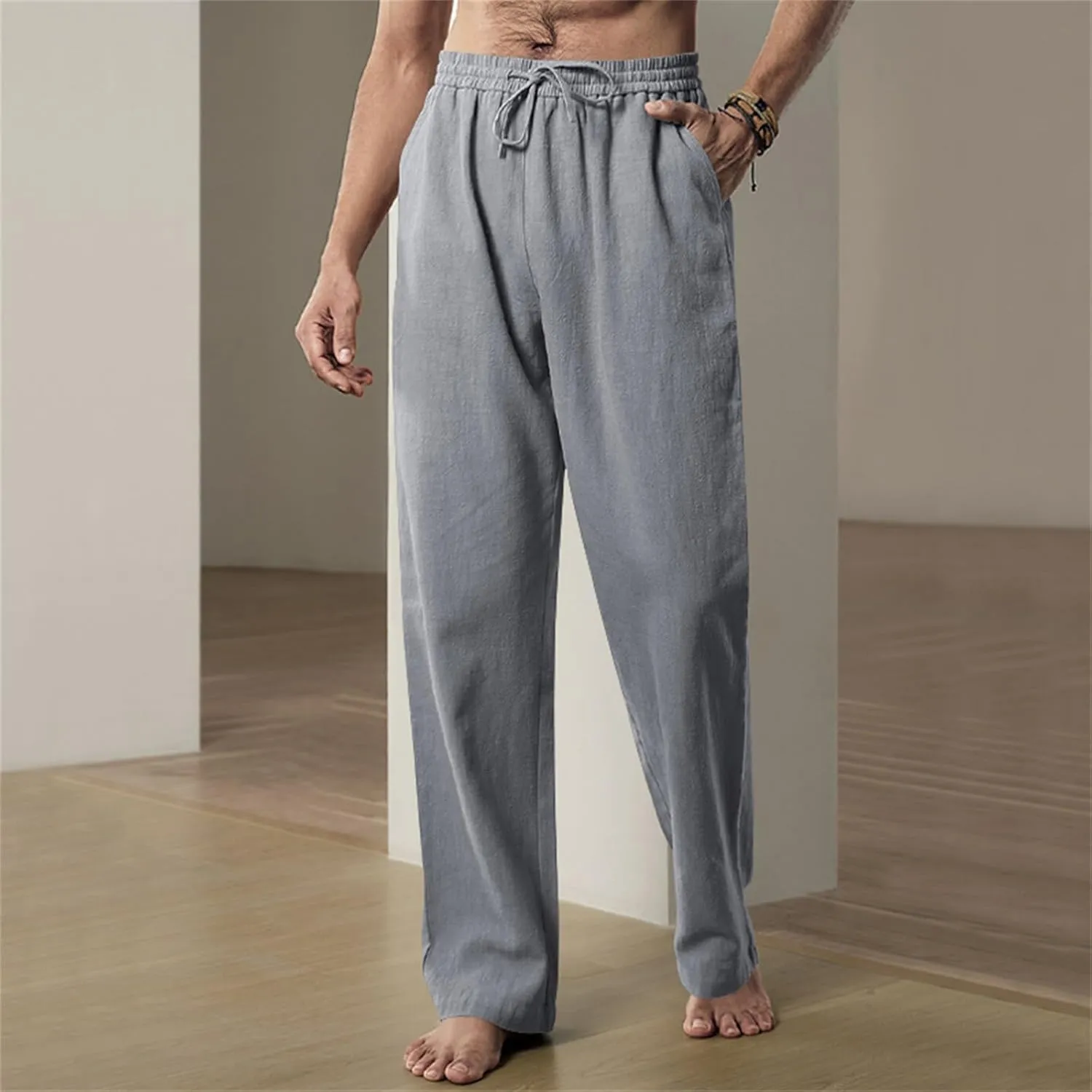 Men's Casual Linen Pants Elastic Waist Drawstring Yoga Beach Pants Casual Lightweight Loose Fit Trousers Baggy Pants