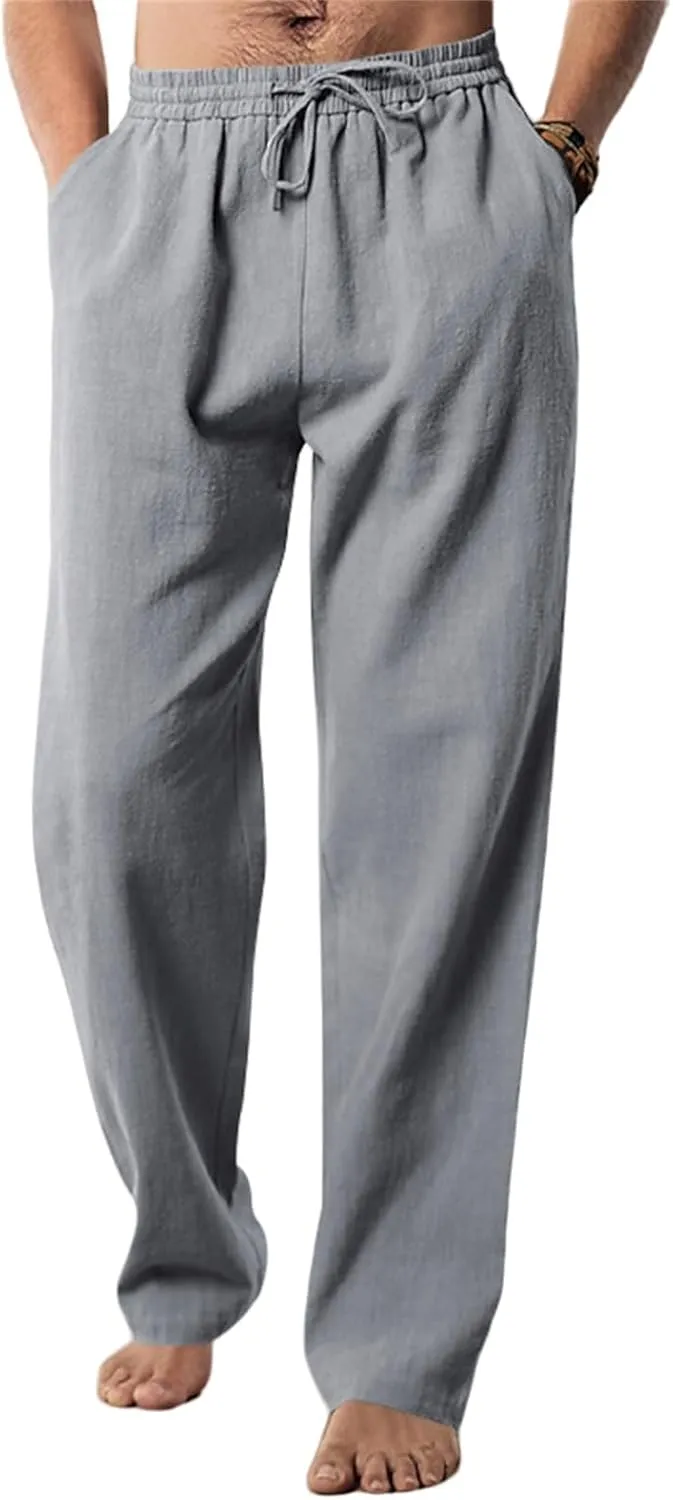 Men's Casual Linen Pants Elastic Waist Drawstring Yoga Beach Pants Casual Lightweight Loose Fit Trousers Baggy Pants