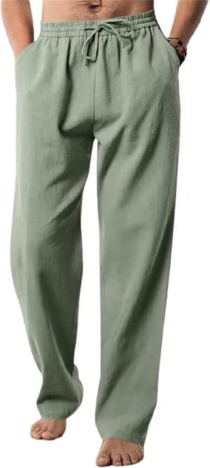 Men's Casual Linen Pants Elastic Waist Drawstring Yoga Beach Pants Casual Lightweight Loose Fit Trousers Baggy Pants