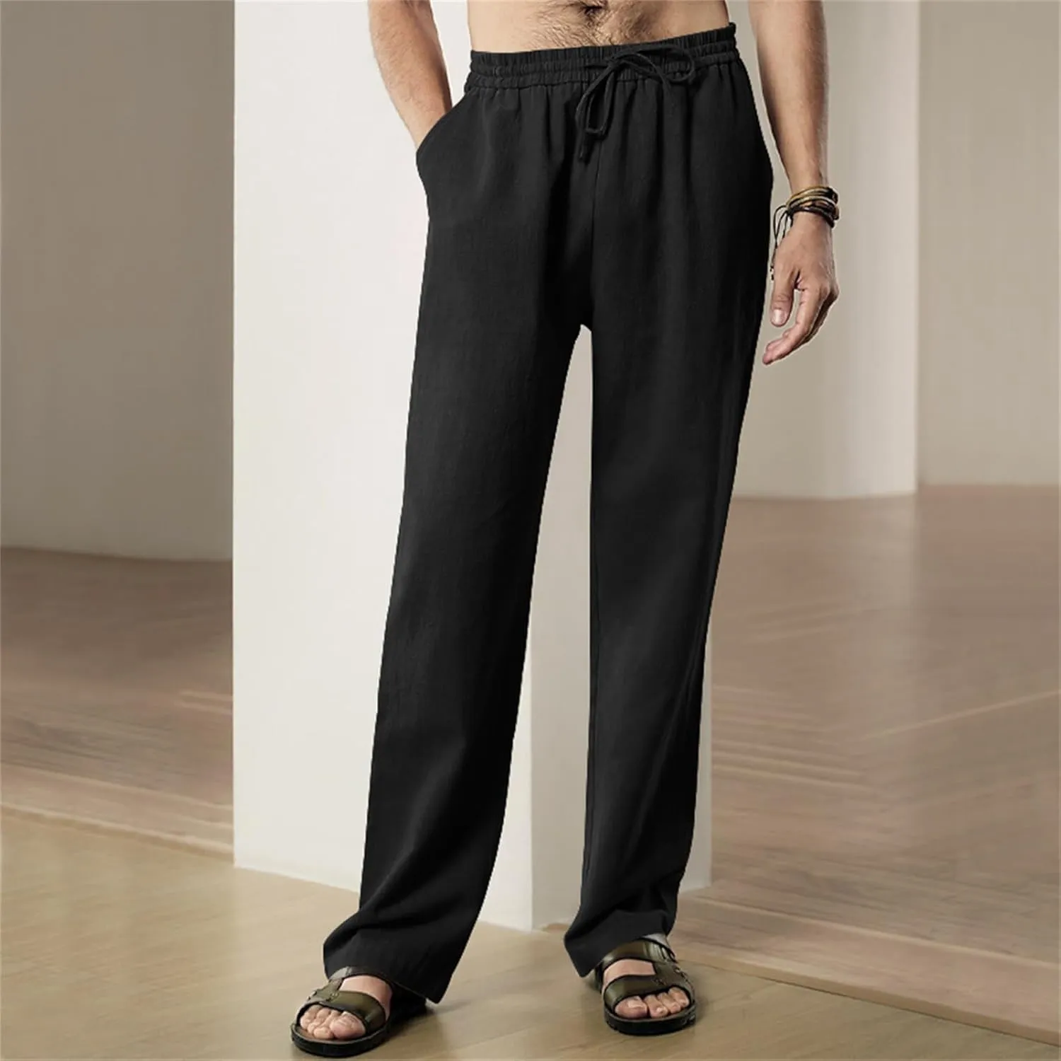 Men's Casual Linen Pants Elastic Waist Drawstring Yoga Beach Pants Casual Lightweight Loose Fit Trousers Baggy Pants