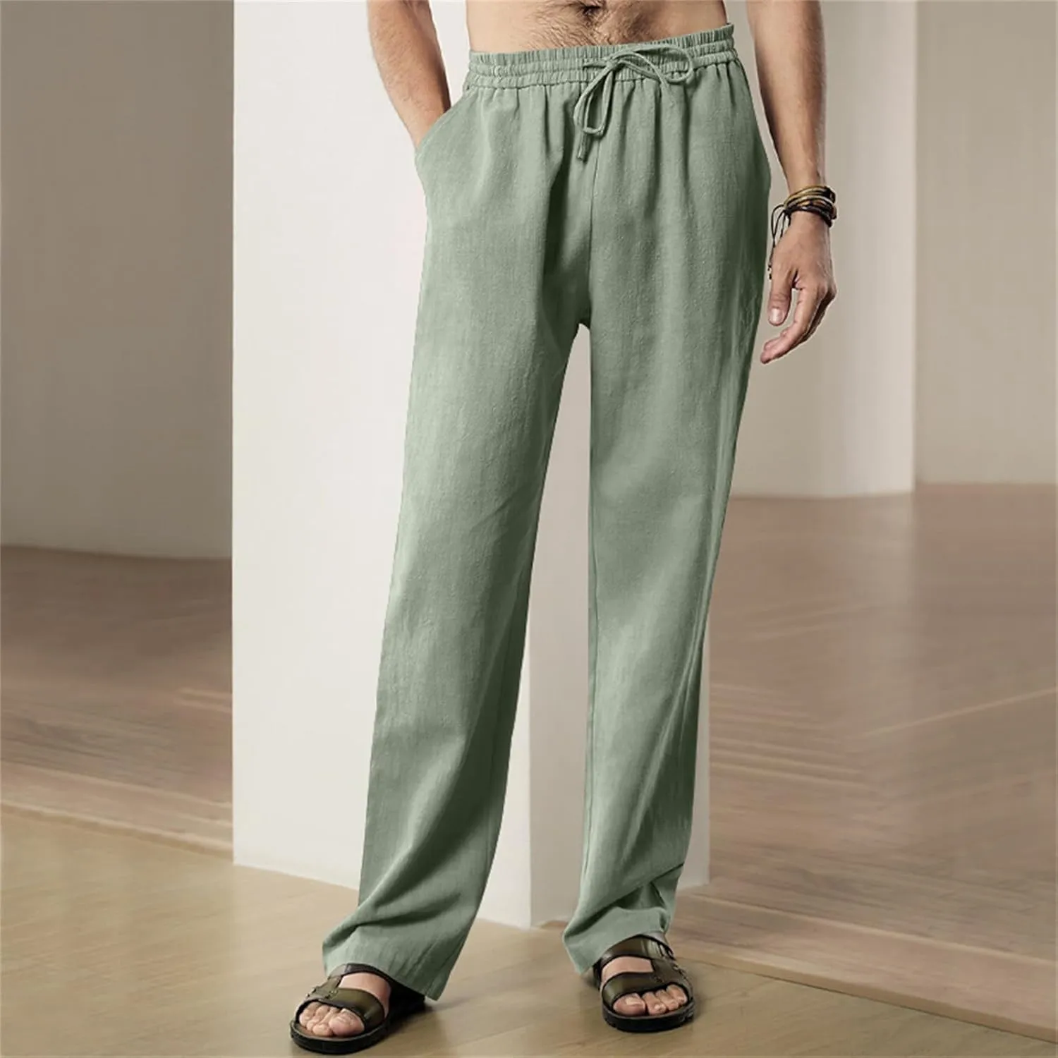 Men's Casual Linen Pants Elastic Waist Drawstring Yoga Beach Pants Casual Lightweight Loose Fit Trousers Baggy Pants