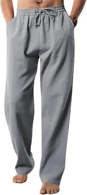 Men's Casual Linen Pants Elastic Waist Drawstring Yoga Beach Pants Casual Lightweight Loose Fit Trousers Baggy Pants