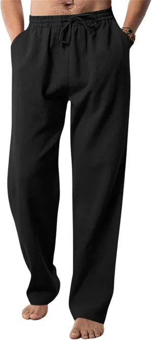 Men's Casual Linen Pants Elastic Waist Drawstring Yoga Beach Pants Casual Lightweight Loose Fit Trousers Baggy Pants