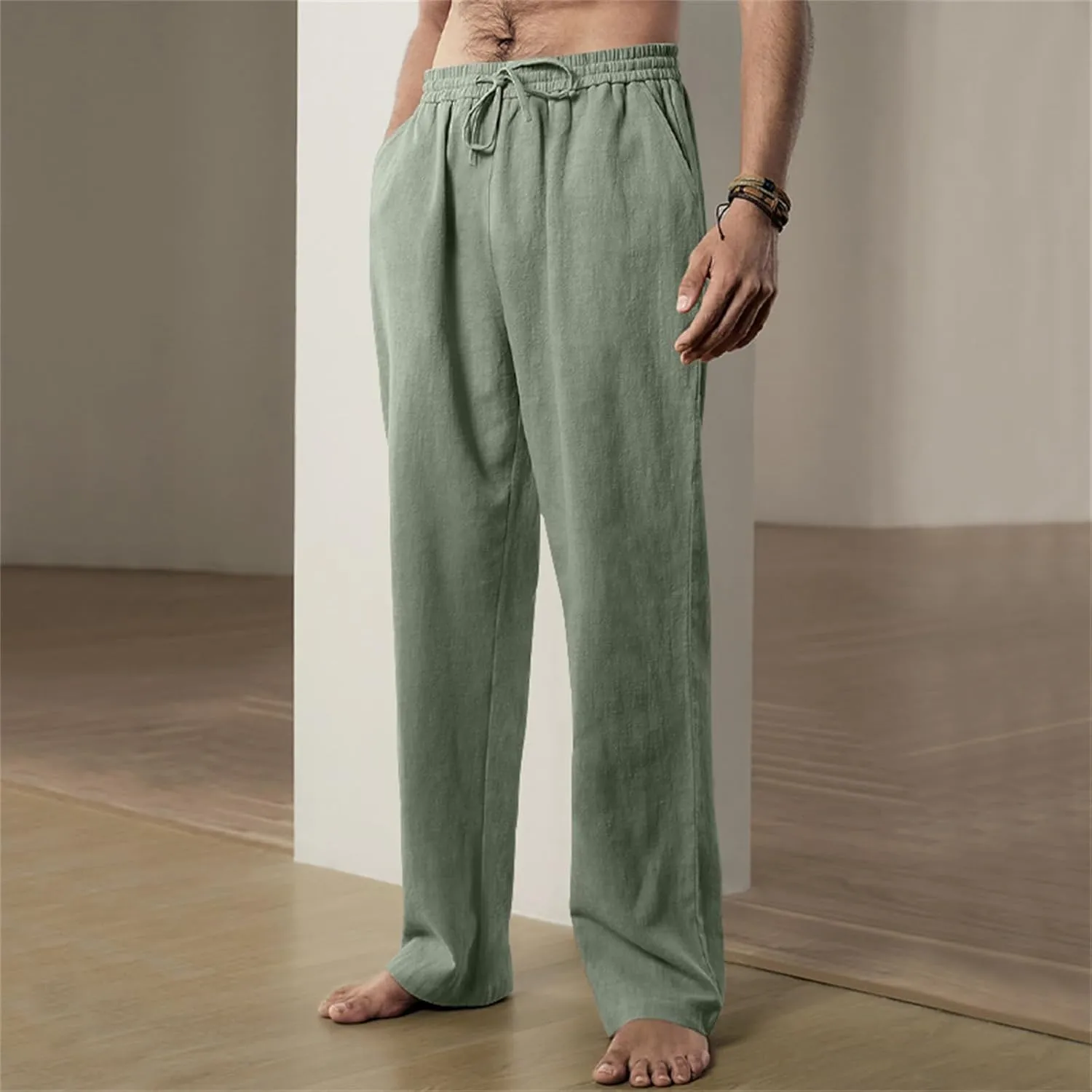 Men's Casual Linen Pants Elastic Waist Drawstring Yoga Beach Pants Casual Lightweight Loose Fit Trousers Baggy Pants