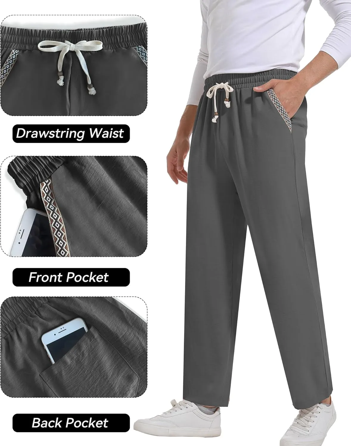Mens Casual Pants Drawstring Lightweight Lounge Pants Relaxed Fit Stretch Elastic Waist Trousers