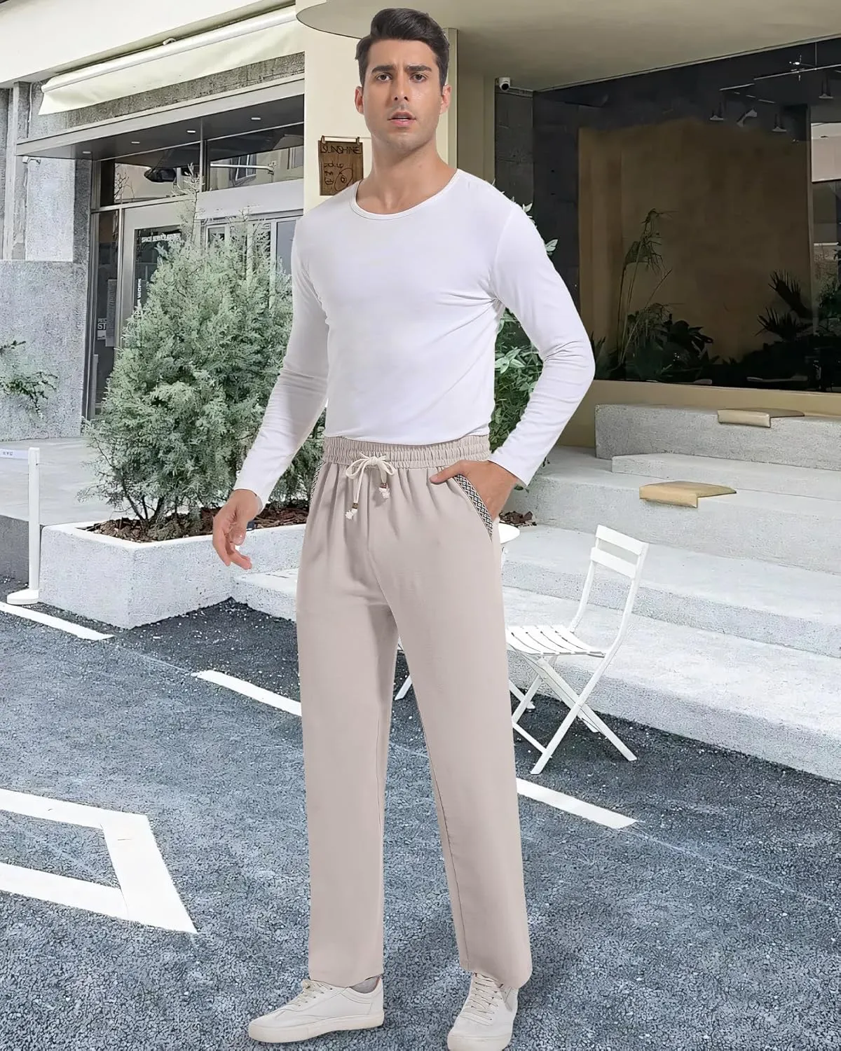 Mens Casual Pants Drawstring Lightweight Lounge Pants Relaxed Fit Stretch Elastic Waist Trousers