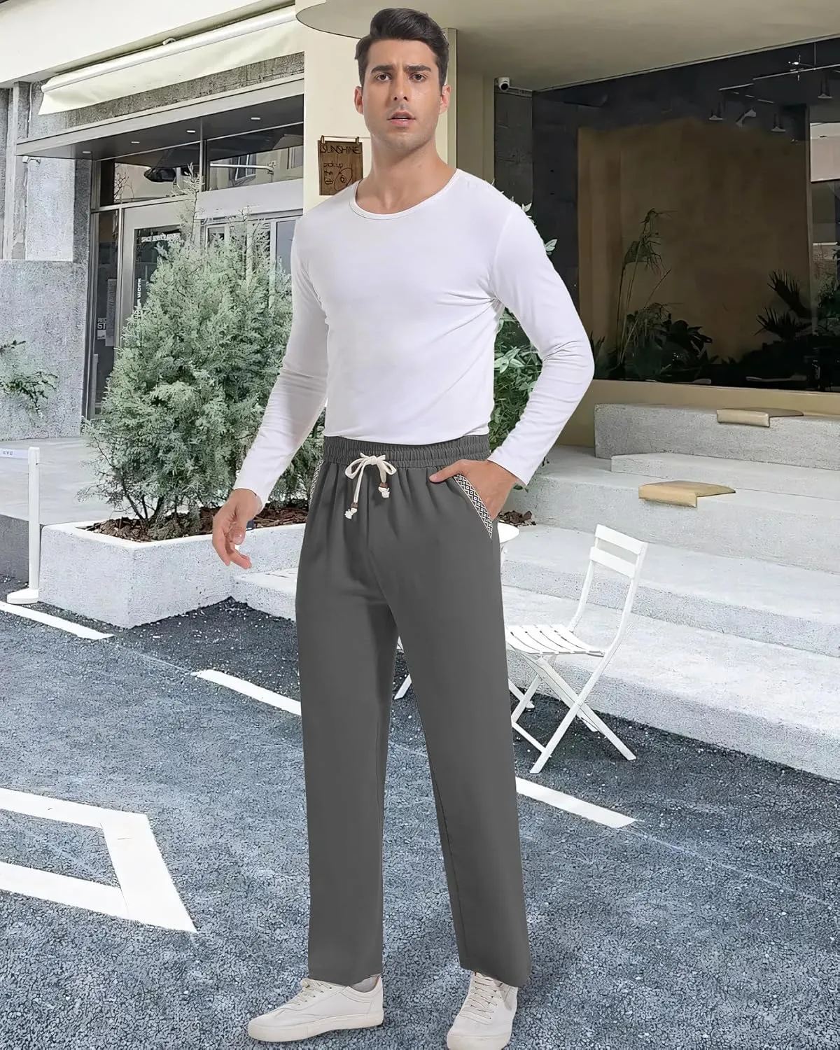 Mens Casual Pants Drawstring Lightweight Lounge Pants Relaxed Fit Stretch Elastic Waist Trousers