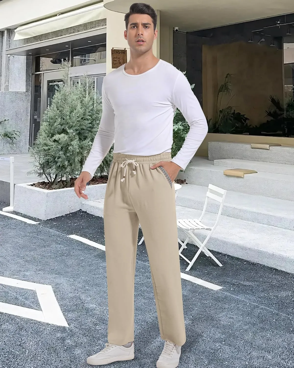 Mens Casual Pants Drawstring Lightweight Lounge Pants Relaxed Fit Stretch Elastic Waist Trousers