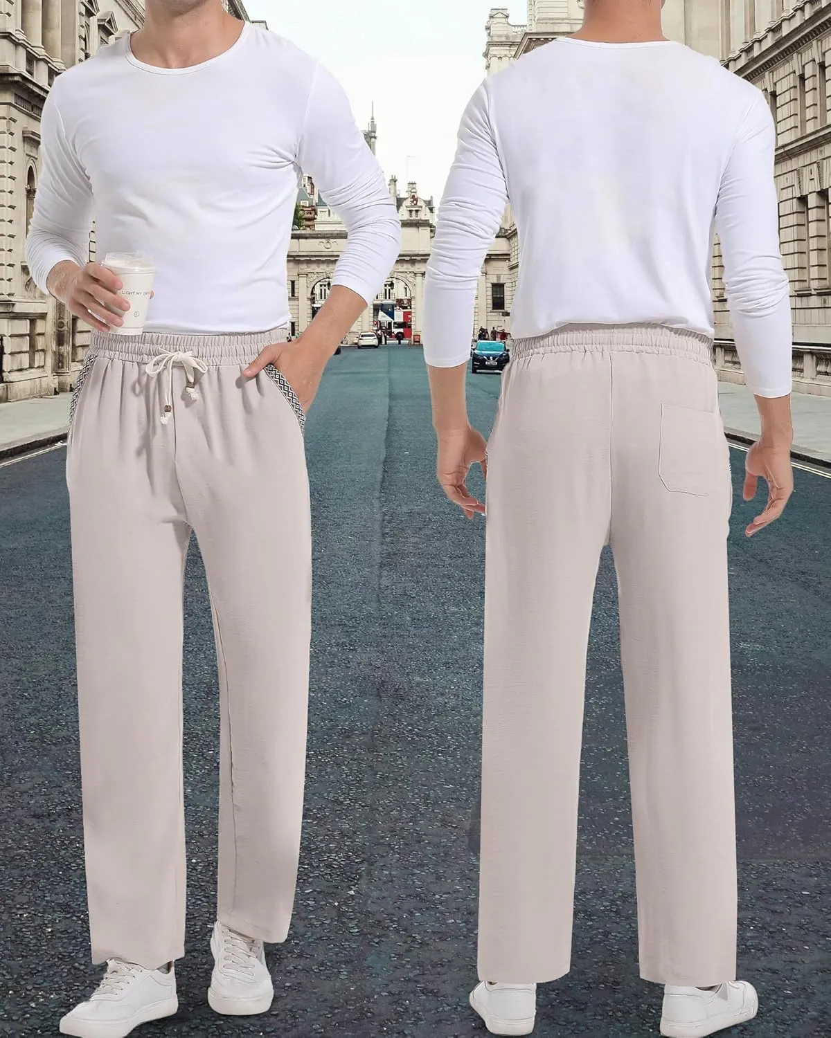 Mens Casual Pants Drawstring Lightweight Lounge Pants Relaxed Fit Stretch Elastic Waist Trousers