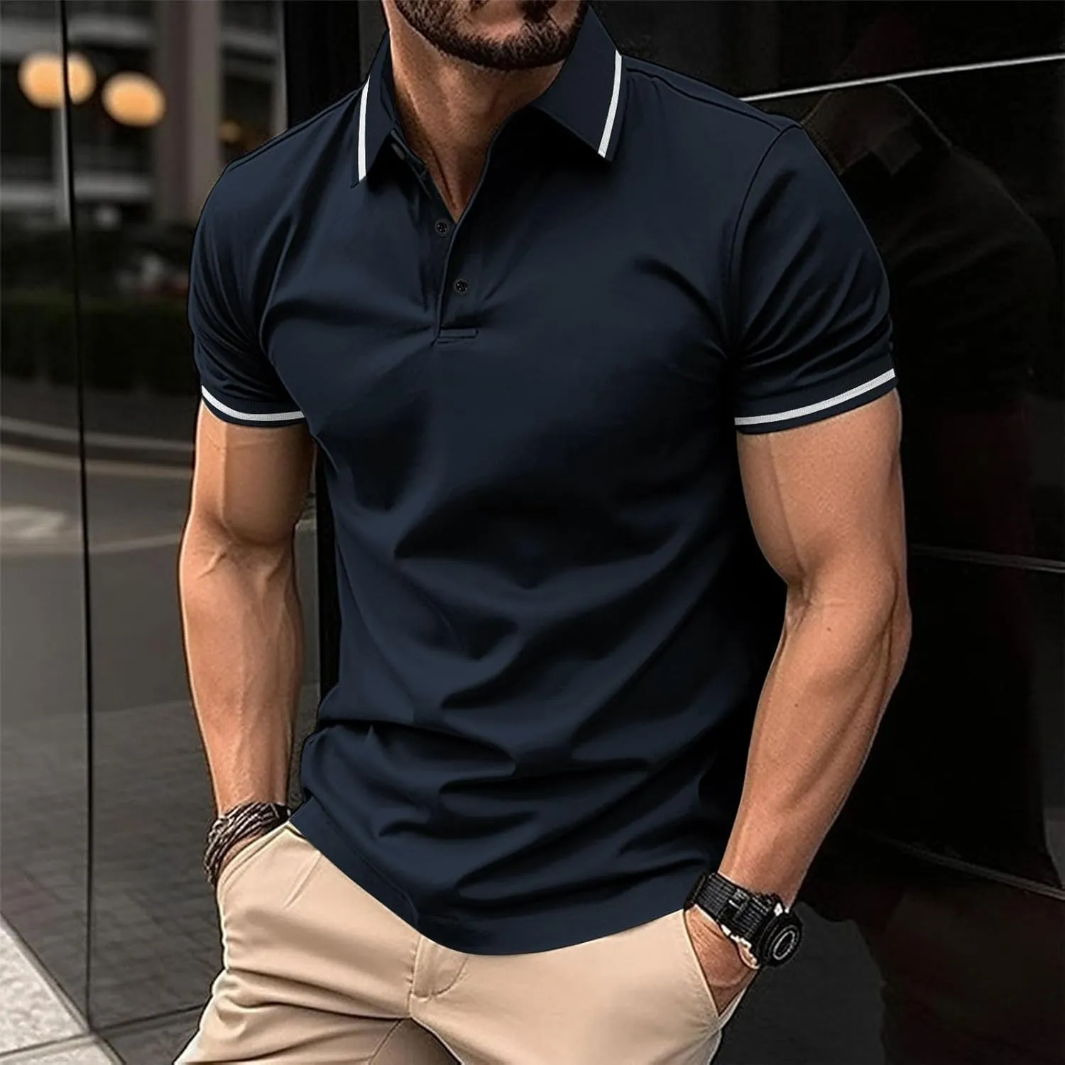 Men's Casual Polo Shirts Classic Stripes Collared Slim Fit Golf Shirt Fashion Short Sleeve Button Business Work Tops