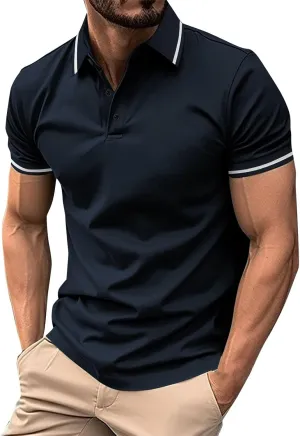 Men's Casual Polo Shirts Classic Stripes Collared Slim Fit Golf Shirt Fashion Short Sleeve Button Business Work Tops