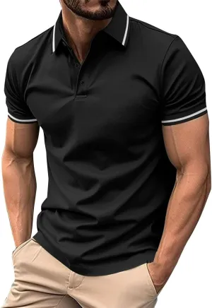 Men's Casual Polo Shirts Classic Stripes Collared Slim Fit Golf Shirt Fashion Short Sleeve Button Business Work Tops