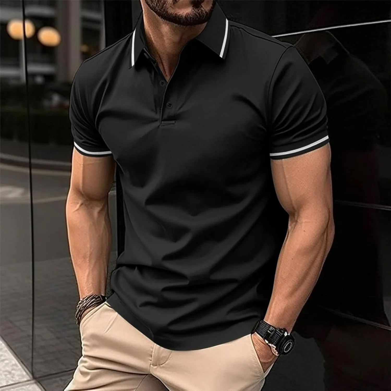 Men's Casual Polo Shirts Classic Stripes Collared Slim Fit Golf Shirt Fashion Short Sleeve Button Business Work Tops