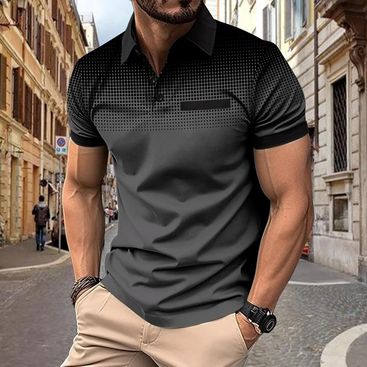 Mens Casual Polo T Shirt Zipper Button Pullover Tops Patchwork Short Sleeve Blouse Classic Golf Shirt